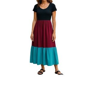 Maeve Anthropologie Colorblock Maxi Dress Black Burgundy Teal Short‎ Sleeve S